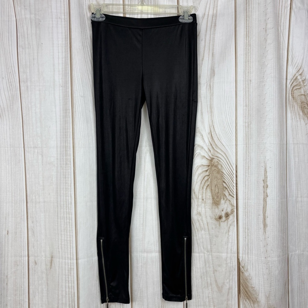 Cyrus & Axria Vegan Leather Leggings Ankle Zipper Accent Sleek Shiny Black Sz M